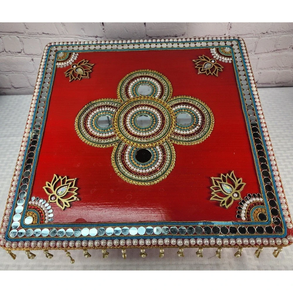 Stool India Wooden Chowki Bajot Handmade Mosaic Mirrored Pieces Pearl Accents